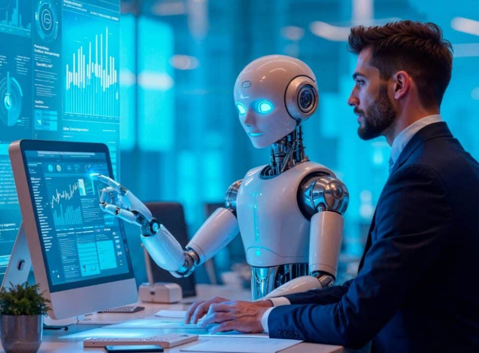 Homem e robô trabalhando juntos em um escritório de alta tecnologia