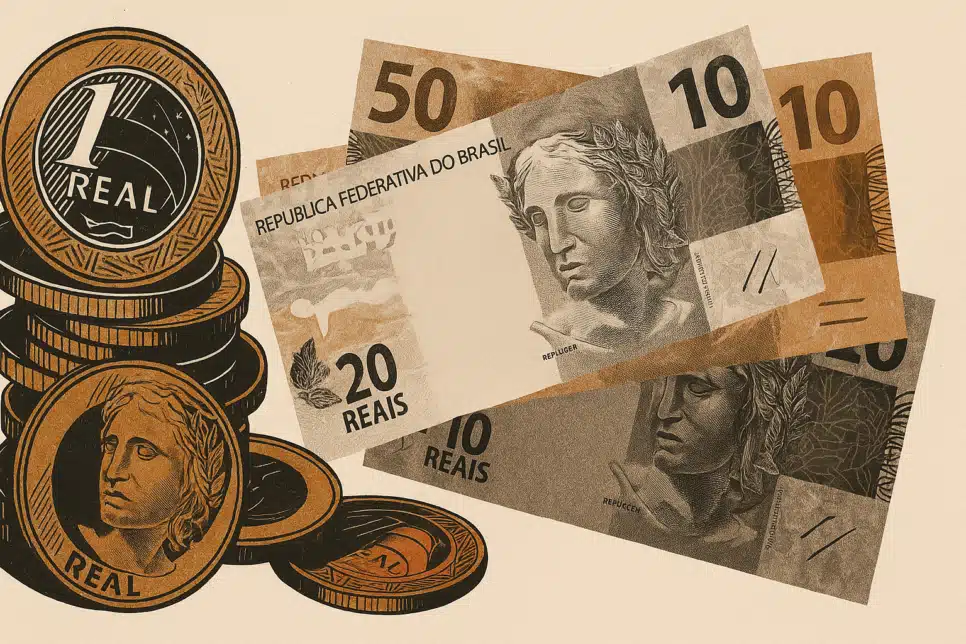 Ilustração de notas e moedas de real