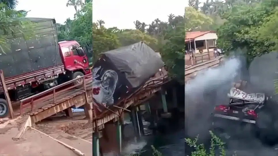 Na imagem, sequência de registros do momento em que a ponte sobre o rio Alpergatas quebra e caminhão cai