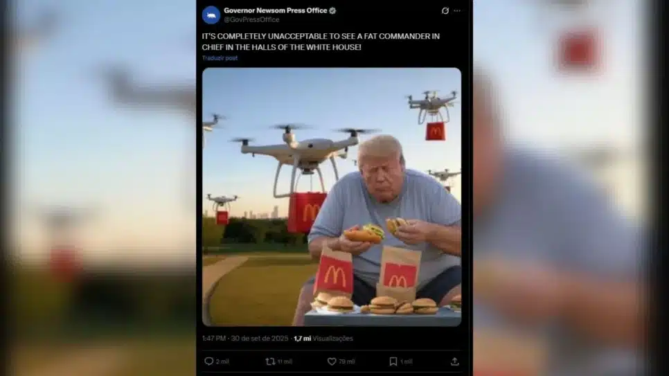 Gabinete de Gavin Newsom, governador da Califórnia, posta foto alterada de Donald Trump, na qual ele aparece comendo hambúrguer