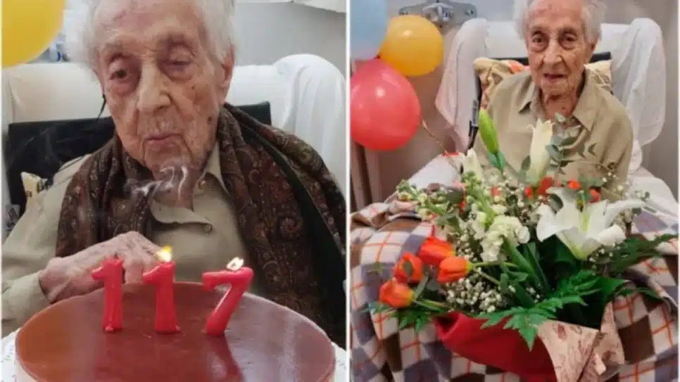 Maria Branyas durante seu aniversário de 117 anos