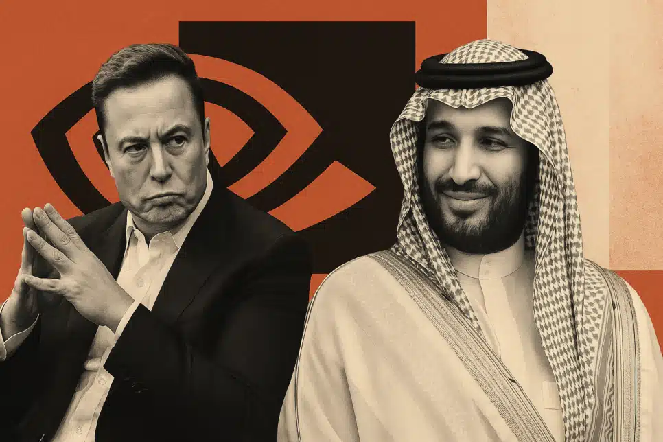 Elon Musk, o logo da Nvidia e o príncipe herdeiro Mohamed bin Salman