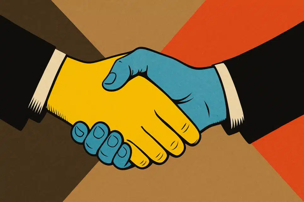 Ilustração de uma mão amarela e uma azul claro se apertando em alusão aos logos de Mercado Livre e Mercado Pago