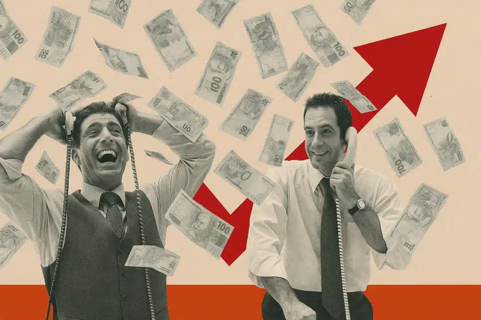 Ilustração de operadores de bolsa ao redor de uma chuva de reais e um gráfico de seta subindo