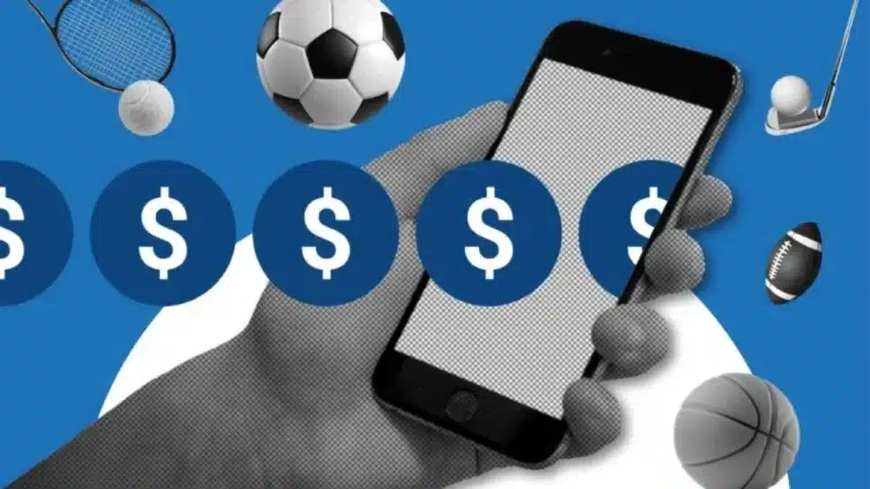 Arte gráfica com símbolos relacionados a esportes e (casas de apostas