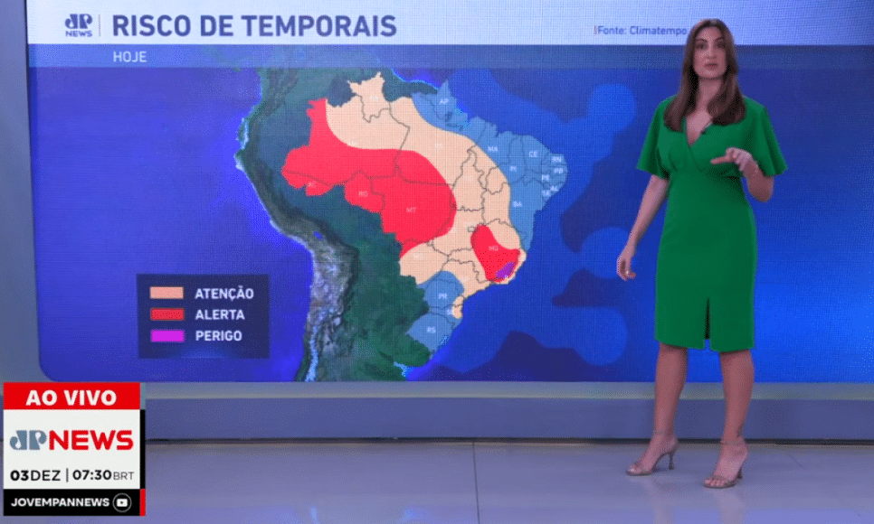 Paula Nobre mostra o mapa com risco de temporais no Brasil para esta quarta-feira (3)