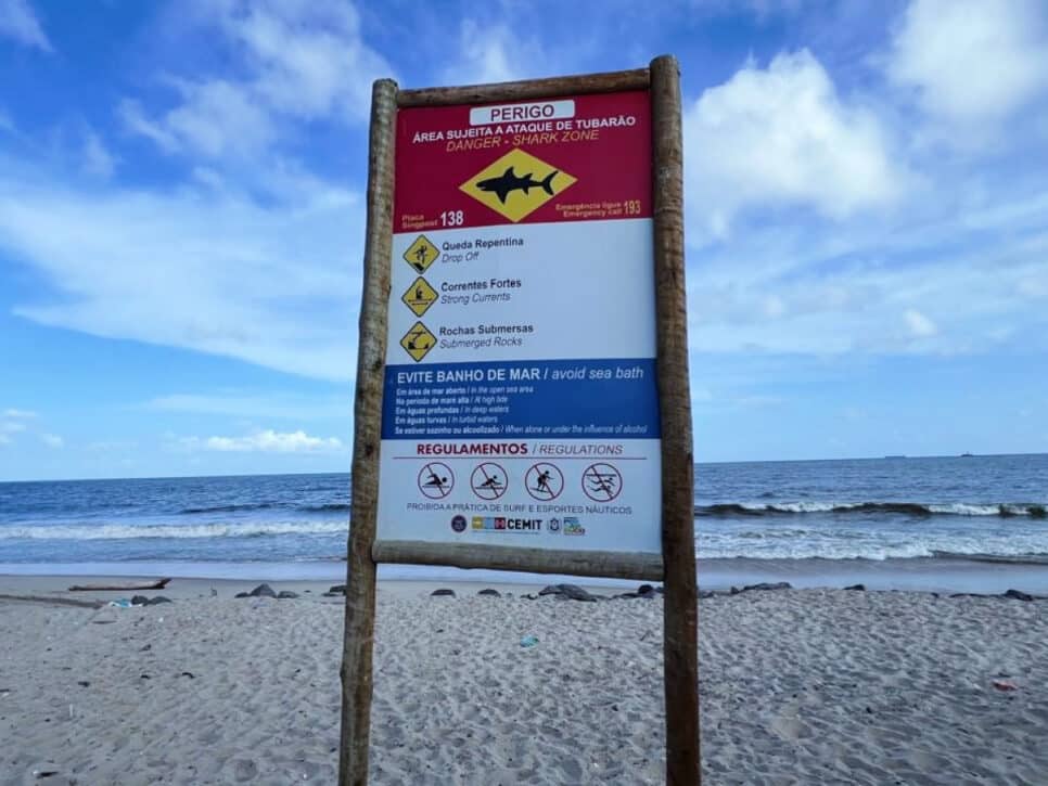 Placa de aviso para perigo de incidente envolvendo tubarão fixada na faixa de areia da Praia del Chifre, em Olinda, em Pernambuco