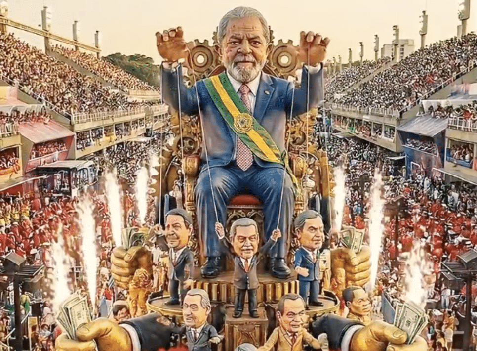 O material publicado por Zema tem imagens e áudio gerados por IA. O vídeo simula um desfile no sambódromo com carros alegóricos, alas e fantasias com críticas e ironias a Lula | Reprodução/X @RomeuZema - 12.fev.2026