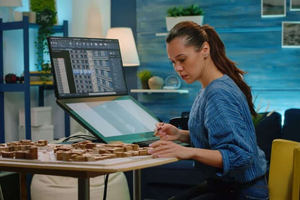 Mulher sentada em uma mesa enquanto mexe no computador