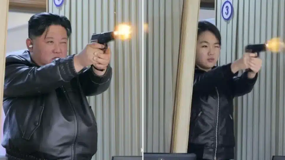 Na imagem, Kim Jong-un e filha fazem exercício com arma de fogo